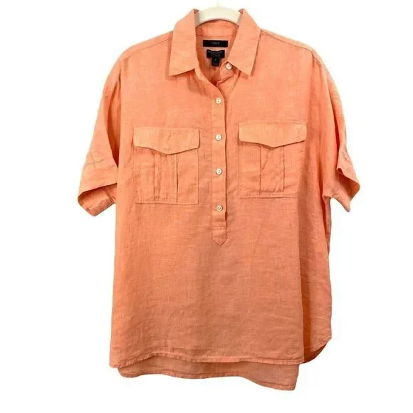 J. Crew Baird McNutt‎ Irish linen boxy shirt top Size 4 orange collar