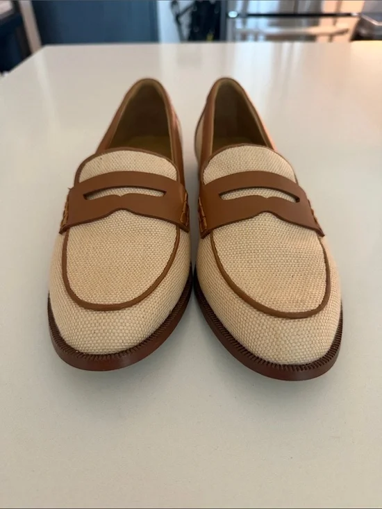 J. Crew Cream Canvas and Brown Leather Penny Loafers