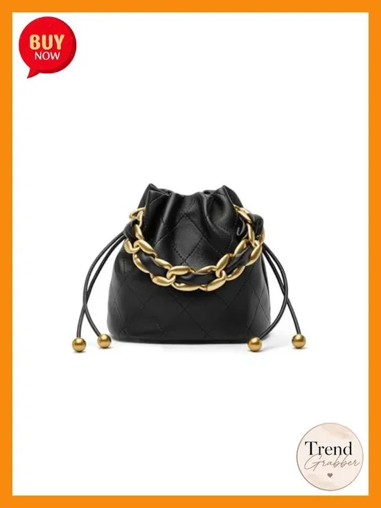Small Lambskin Leather Drawstring Bucket Bag with Chunky Chain Strap