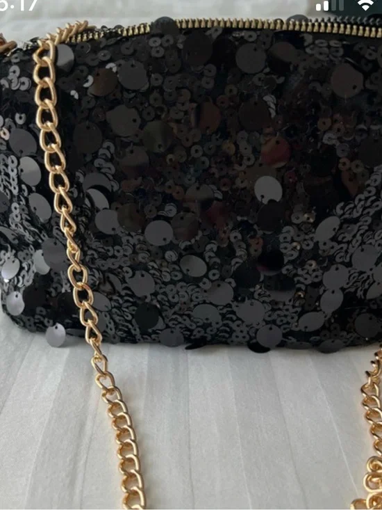 Black Sequin Crossbody Bag with Gold Chain Strap