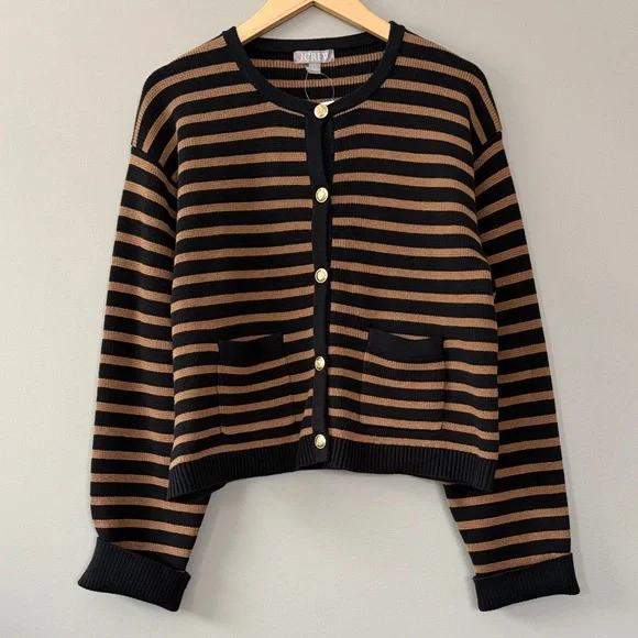 J. Crew Emilie Sweater Lady‎ Jacket Cardigan Large Black Caramel Tan Stripe NWT