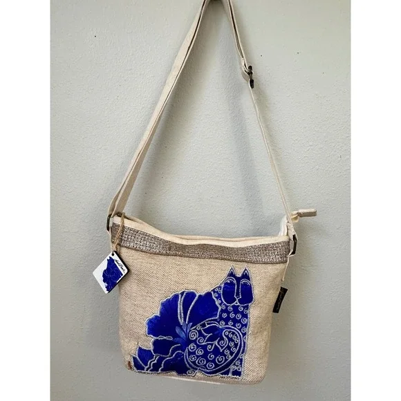 Laurel Burch Blue Cat Floral Canvas Crossbody Bag Silver Trim Adjustable Strap