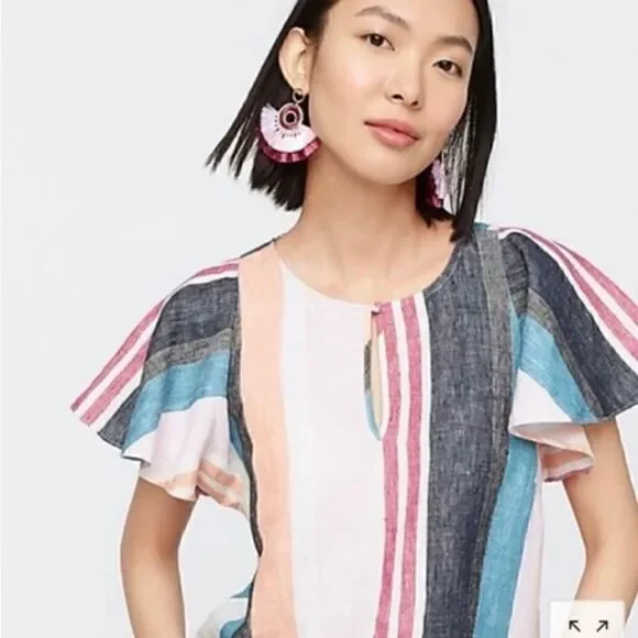 J CREW Linen Striped Flutter Sleeve Top