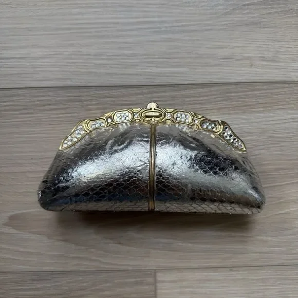 Vintage Clutch Purse Metallic Silver Gold Rhinestone Shoulder Chain Bag