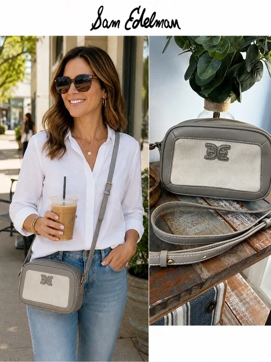 Sam Edelman Gray & Ivory Canvas Logo Crossbody Camera Bag