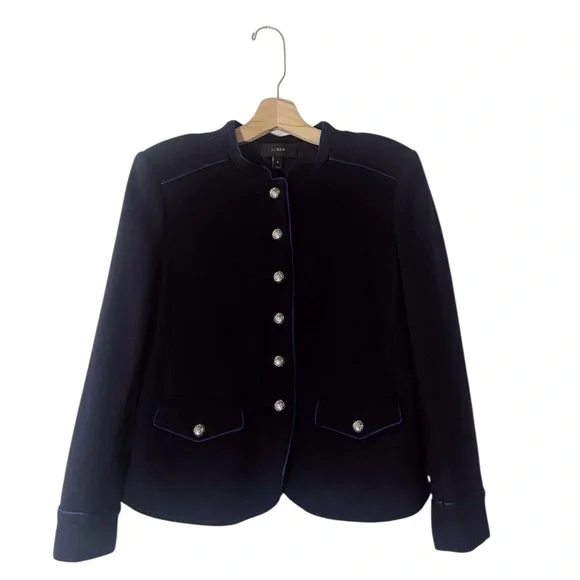 J. Crew Military Style Wool Cotton Jacket Navy Blue Silver Buttons