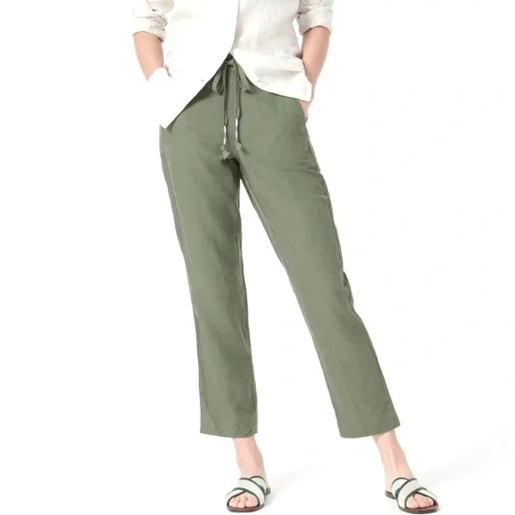 J Crew Denim Women’s Small Linen Blend Army Green Front‎ Tie Crop Seaside Pant