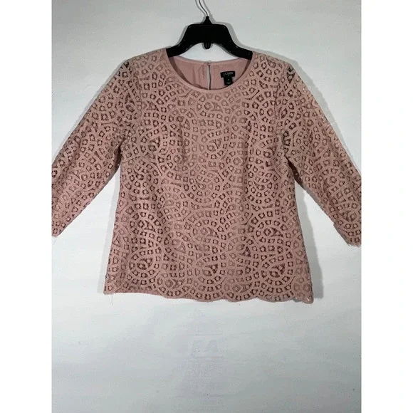 J Crew Women Lace Top 3/4 Sleeve Button Back Sheer Lined Boho Feminine Pink Sz 6