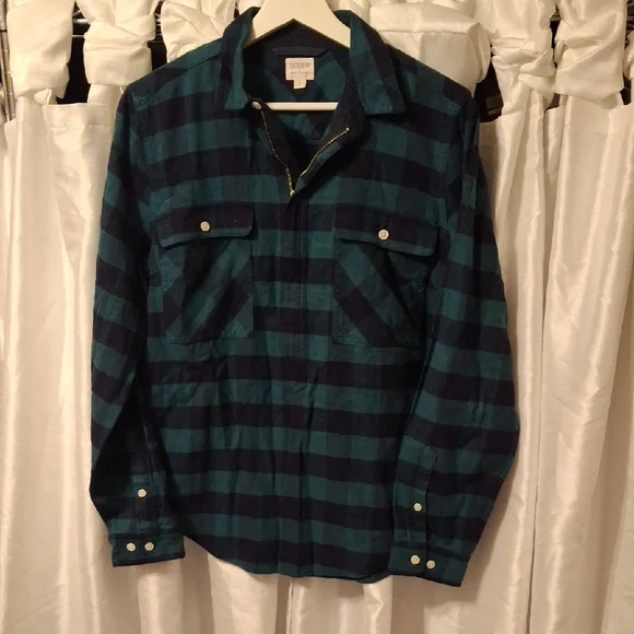 J. Crew Green And Black Plaid Flannel Half Zip Shirt S