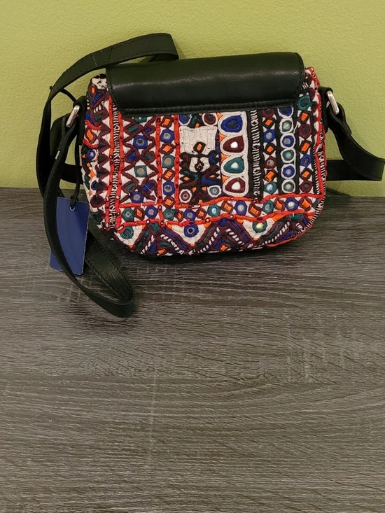 Embroidered Multi-Color Crossbody Bag with Dark Green Flap