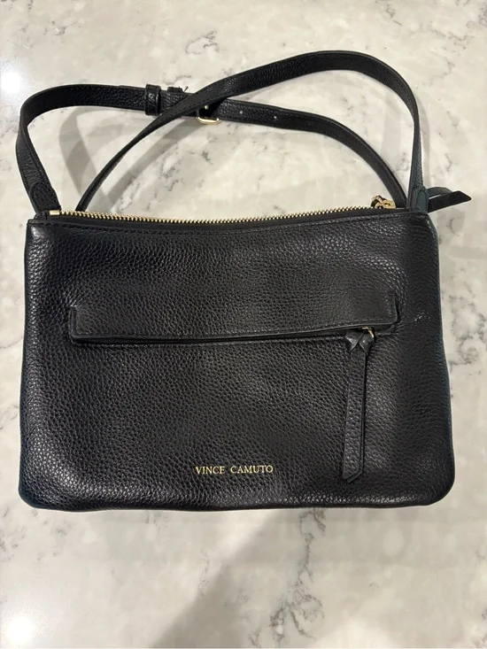 Vince Camuto Black Pebbled Leather Crossbody with Gold‎ Logo