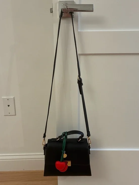Black Structured Crossbody Bag with Cherry Charm