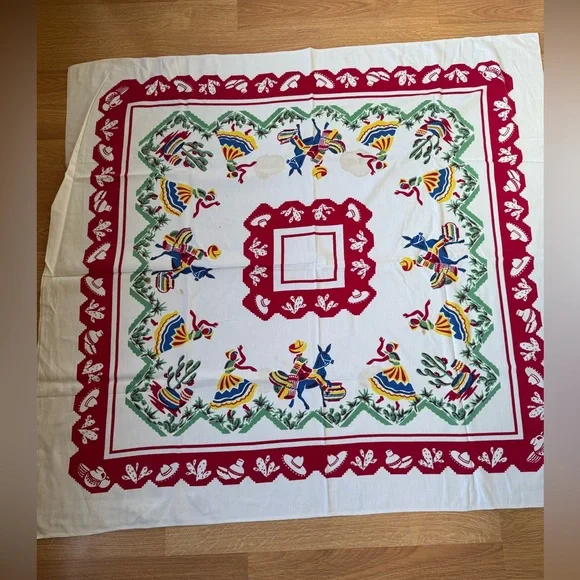 Vintage Folk Art Tablecloth with Red‎ Border