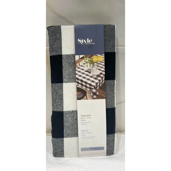 00101 - Style‎ Selections Black White Plaid Square Tablecloth 60x60 – New