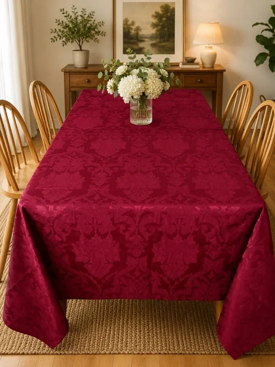Waterford Red Damask Tablecloth Holiday Home Dining Table Linen 64” x 82”