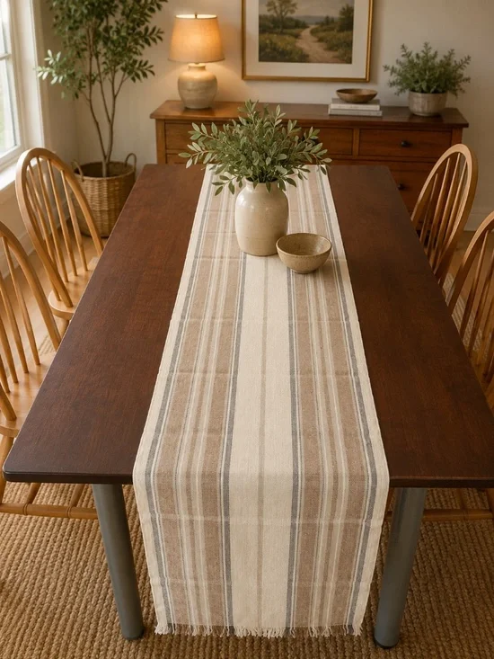 Neutral Striped Table Runner with Fringe Farmhouse Rustic Dining Décor