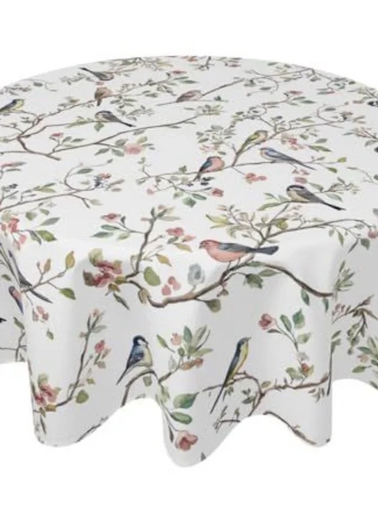 White Floral & Bird Print Round Tablecloth