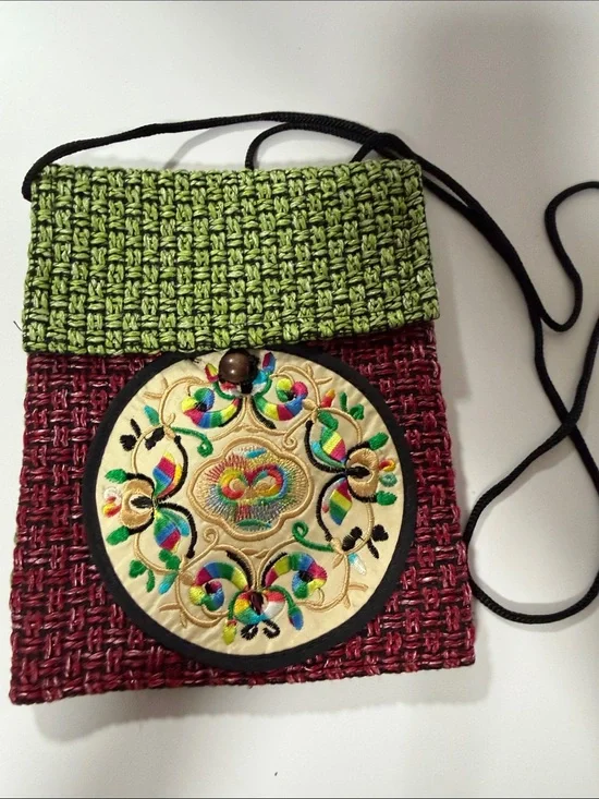 Handwoven Green and Burgundy Embroidered Crossbody Bag