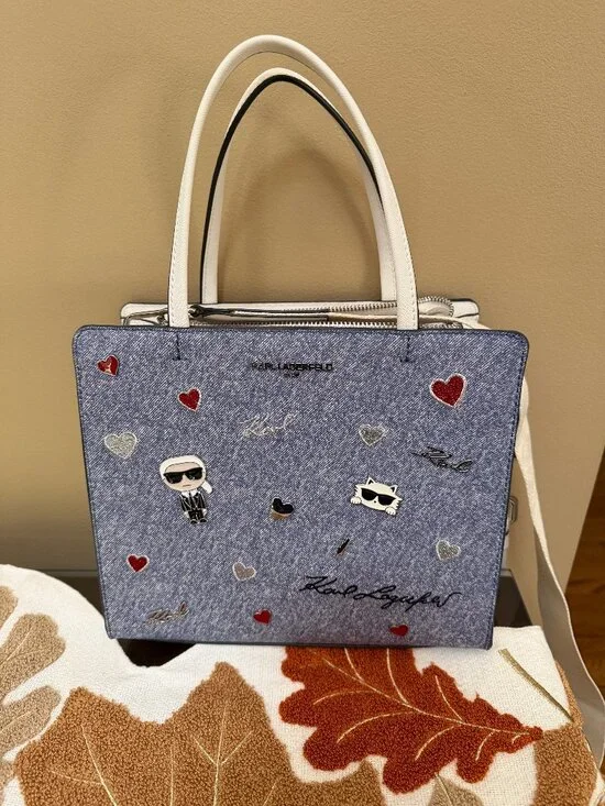Karl Lagerfeld Paris Maybelle Satchel Bag Strap Double Top Handle Denim Blue NWT