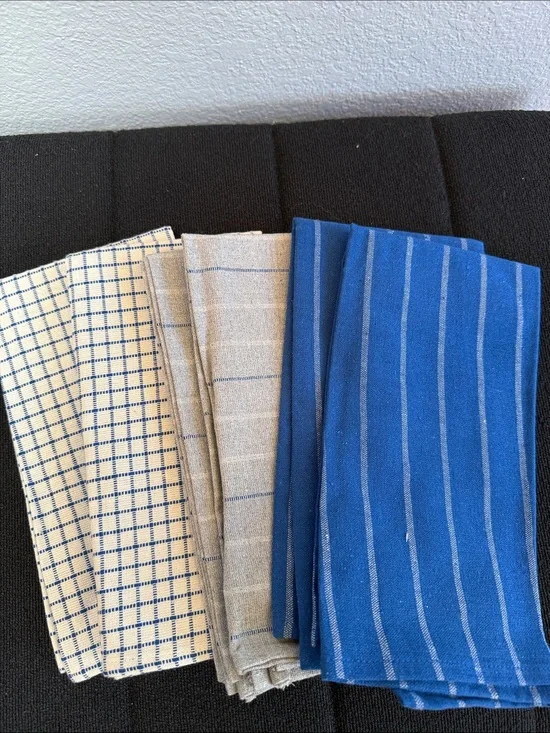 Blue and Natural Stripe & Check Cotton Dining Napkin Set
