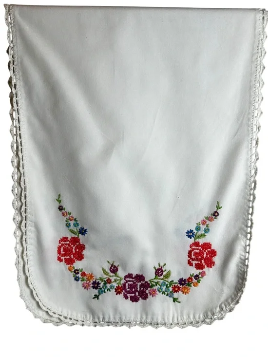 Vtg Embroidered Table Runner Rose Floral Cross Stitch Cottagecore 34”