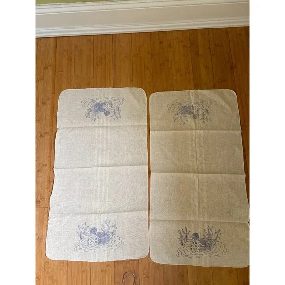 Vintage Cotton Embroidered Mallard Duck Cattails Linen Set of 2 30.5x17