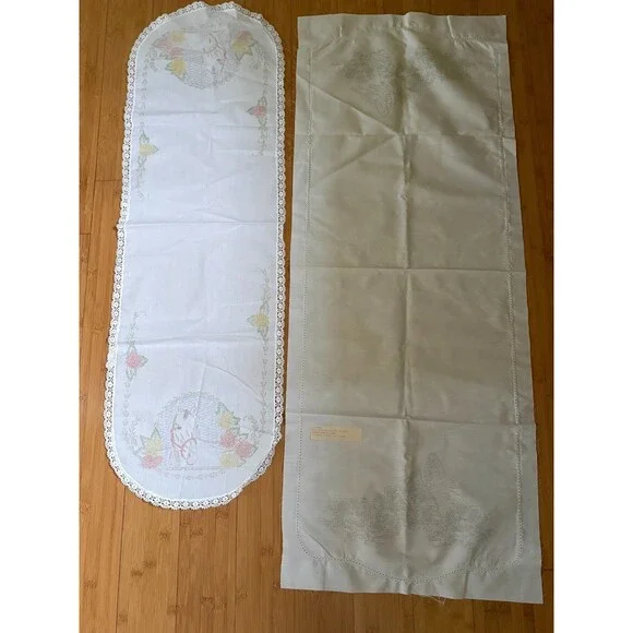Vintage Embroidered Table Runner Set of 2 Horse Butterfly Floral Herrschners