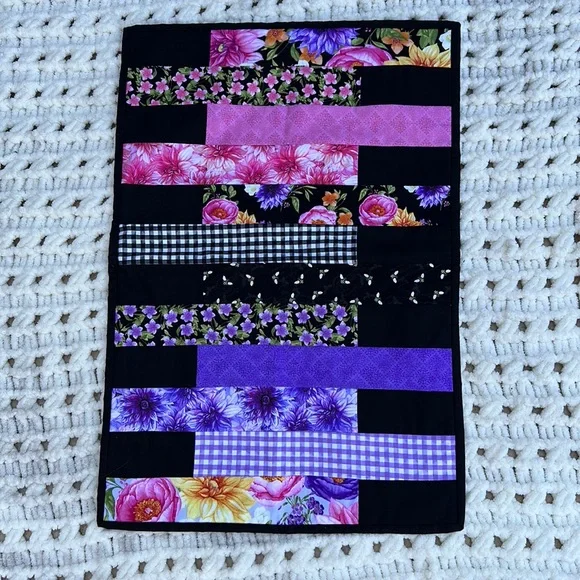 Handmade Quilted Patchwork Table Runner contemporary black / pink / purple new
