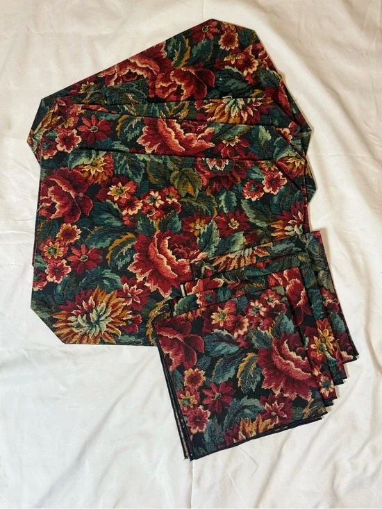 Floral Tapestry Table Placemats and Napkins Set - Deep Red & Teal