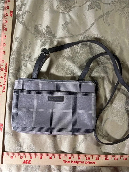 Kim Rogers Gray Plaid Crossbody Purse with Black Strap