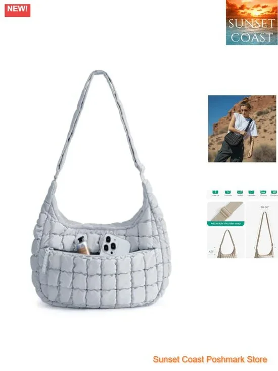 Quilted Hobo Crossbody Purse with Adjustable Strap Fits iPad