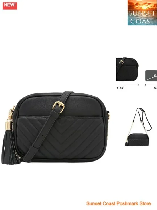 Quilted Crossbody Camera Bag with Chain Strap and Tassel