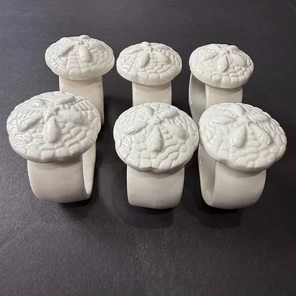 Set of 6 Vintage White Ceramic Sand Dollar Napkin Rings, Coastal Beach, EUC