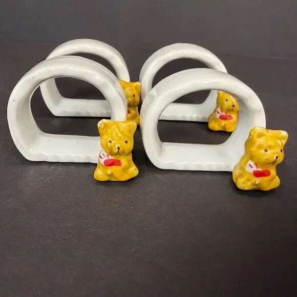 Set of 4 Vintage Ceramic Teddy Bear Napkins Rings, Country, Kitsch, Cozy