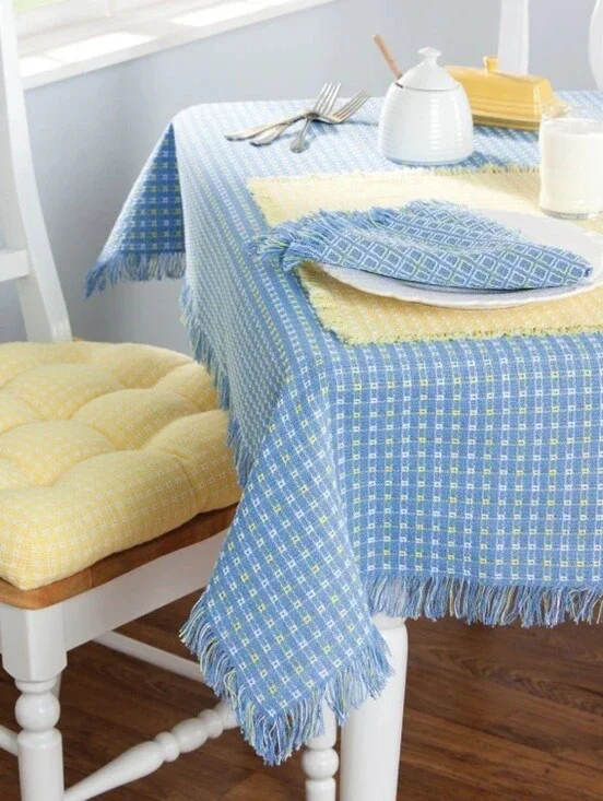80's Vintage Woven Reversible Square Tablecloth Wedgewood Blue 3.5 x 3.5 Ft