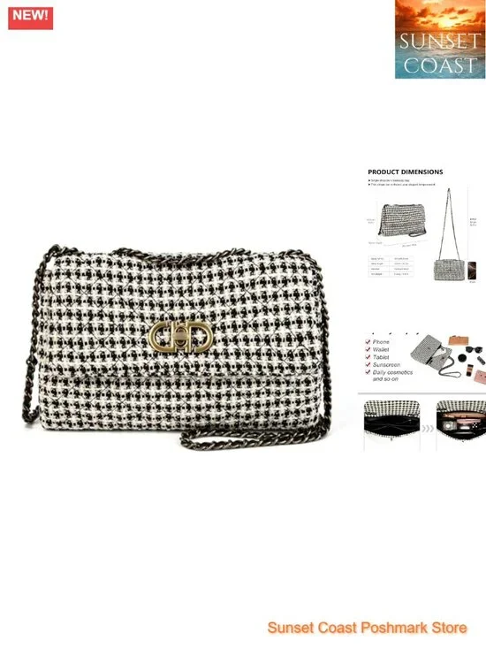 Tweed Quilted Crossbody Bag with Leather Chain, Evening Clutch for Weddings