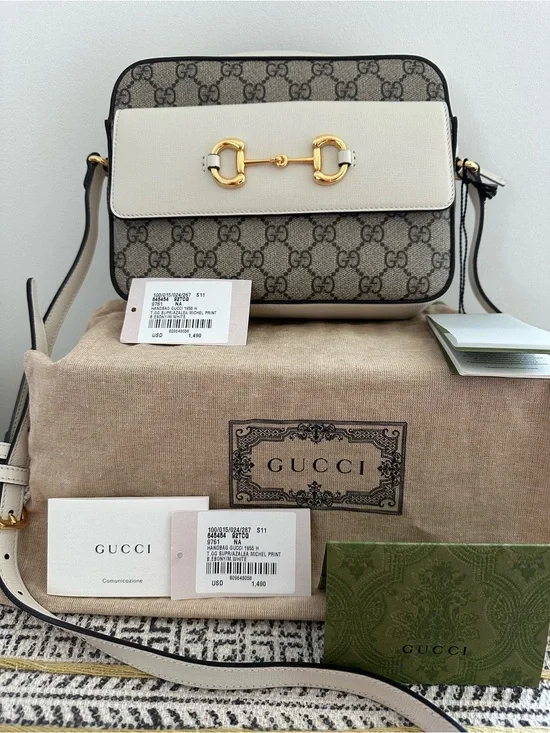 Gucci GG Supreme Canvas Crossbody with Cream Leather Flap and Gold Horsebit