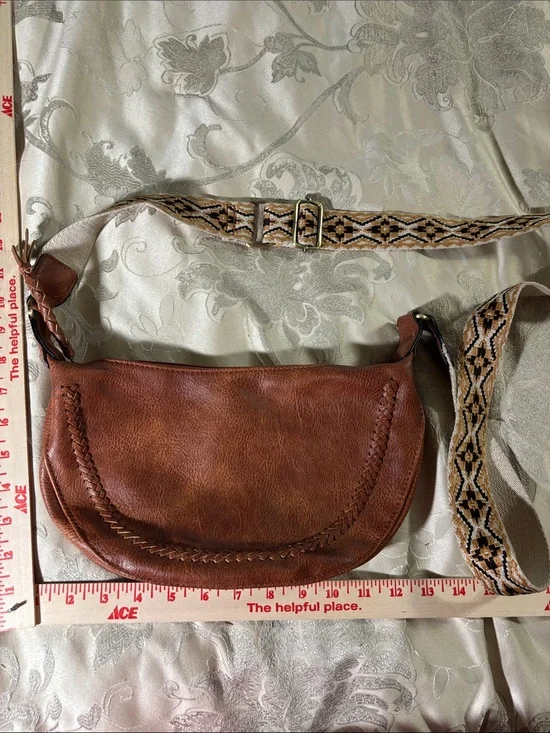 Brown Leather Crossbody Bag with Patterned Strap