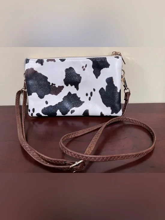 Cow Print Crossbody Wristlet Bag with Removable Brown Strap - Black & White
