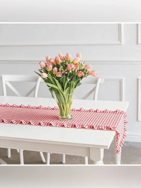 Gingham Ruffle  Red White Plaid Rustic Ruffled Edge Table Runner 118 x 13 inches