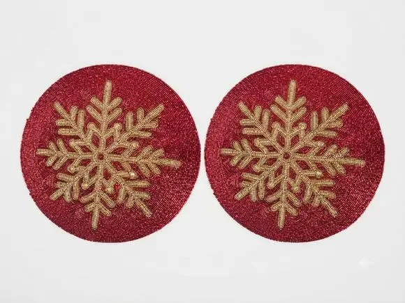 2 Nicole Miller Home Red Snowflake Beaded Round Chargers Placemats Christmas