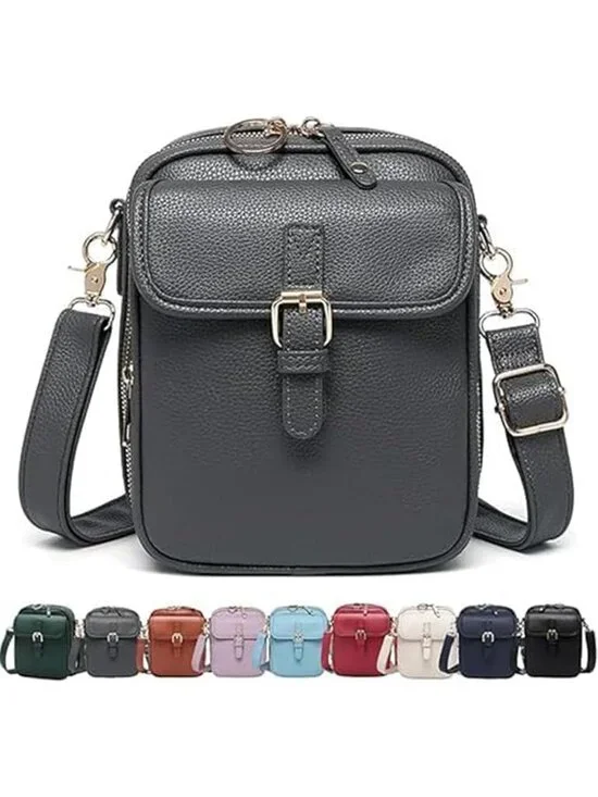 Women's Grey Faux Leather Anti-Theft Large Capacity Card Slots Crossbody Bag