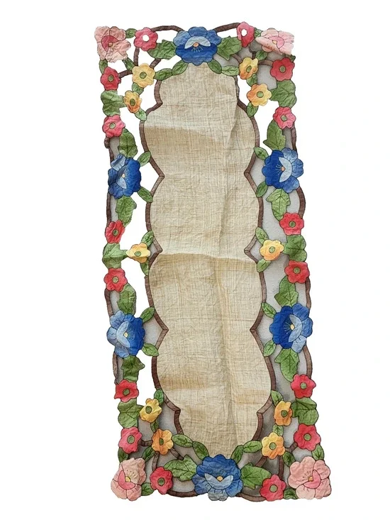 Vintage Embroidered Floral Table Runner Tan Center Multicolor Scalloped Edge