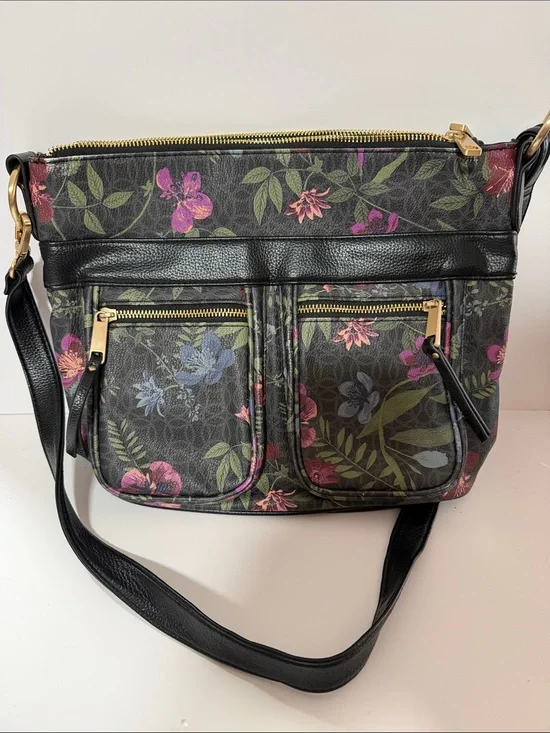 Black Floral Crossbody Bag with Gold Hardware