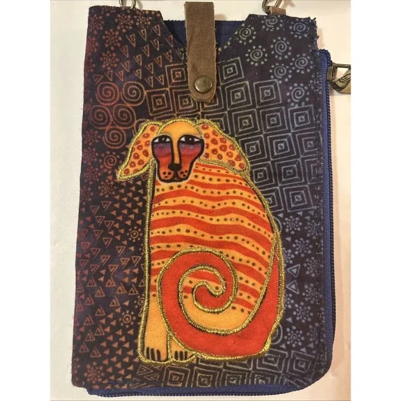 Laurel Burch Crossbody Cell Phone Purse Canvas Handbag Orange Dog Zipper & Snap