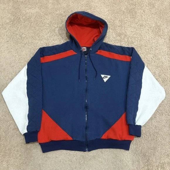 Vintage 80s NIKE Zip Up Hoodie Mens Large Blue Quilted ColorBlock
