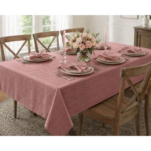 Vintage Rose Pink Moire Tablecloth 80x60 9 Matching Napkins Rectangle Wood Grain
