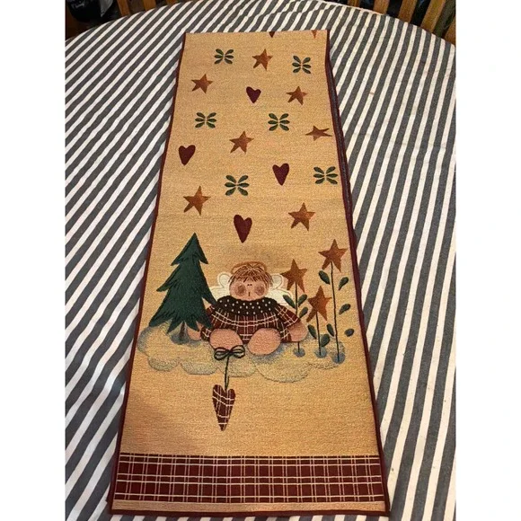 Vintage Primitive Folk Art Angel Woven Tapestry Table Runner Made in USA Stars