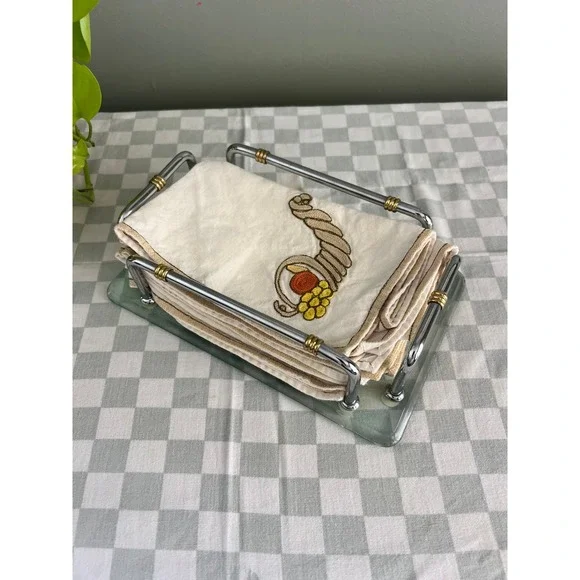90's Vintage Glass and Two Tone Metal Guest Towel Holder Napkin Tray 10.5x6.5