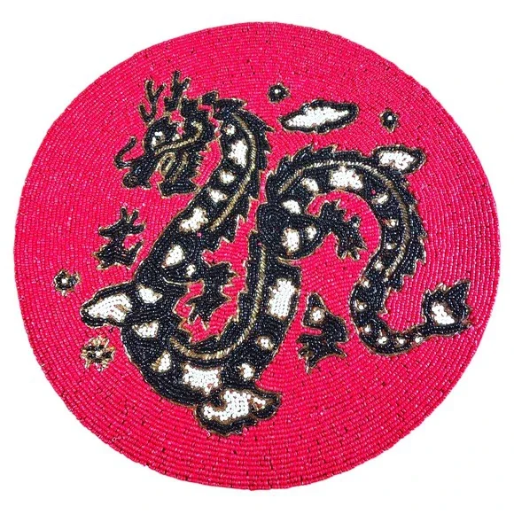2024 Year of the Dragon Beaded Charger 15 Inch Round Red Black Gold Placemat NEW